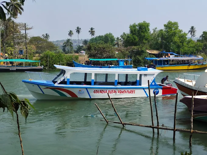Our boat moored at the Tadadi ferry-line jetty among palm trees