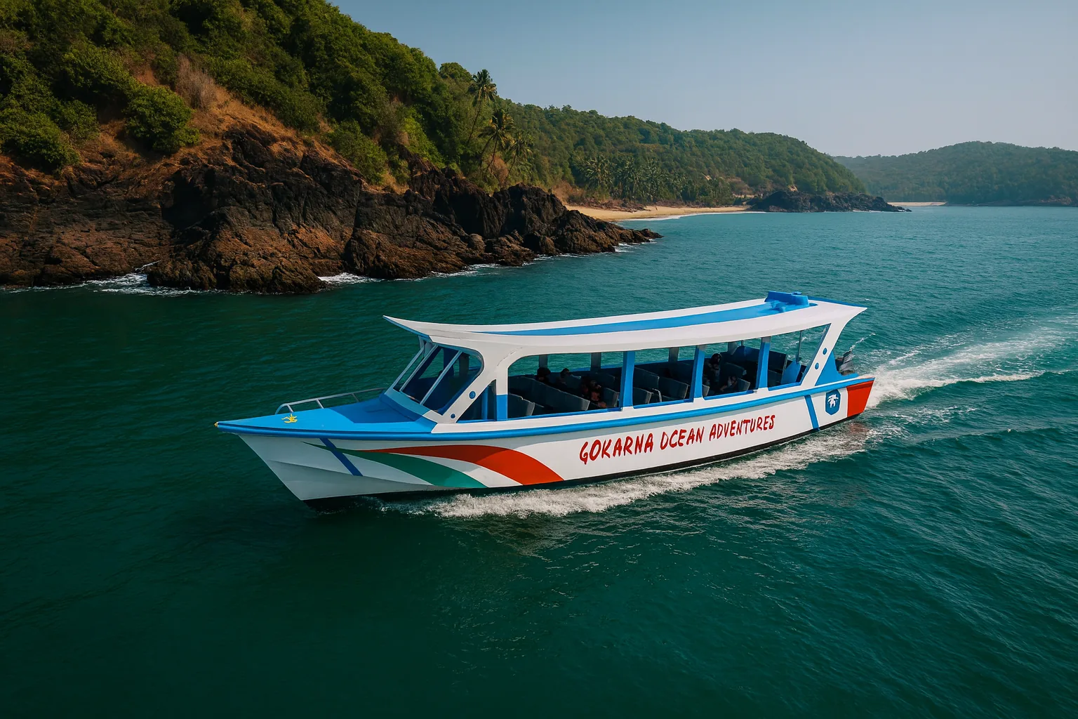 Gokarna Ocean Adventures boat cruising along the green, rocky Gokarna coastline